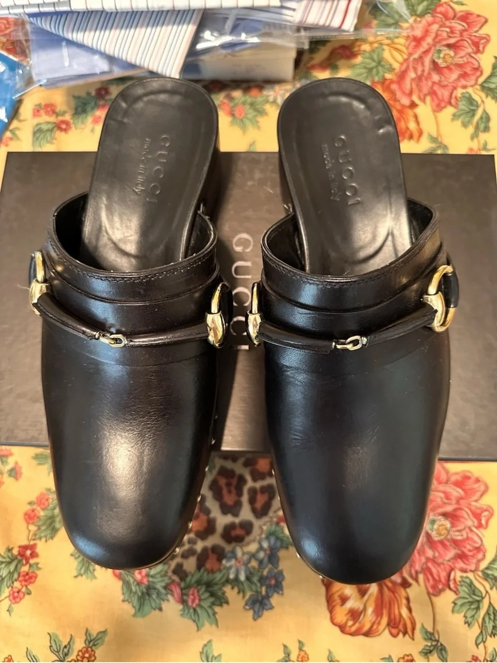 Gucci Black Leather Platform Slide Sandals with Gold Hardware